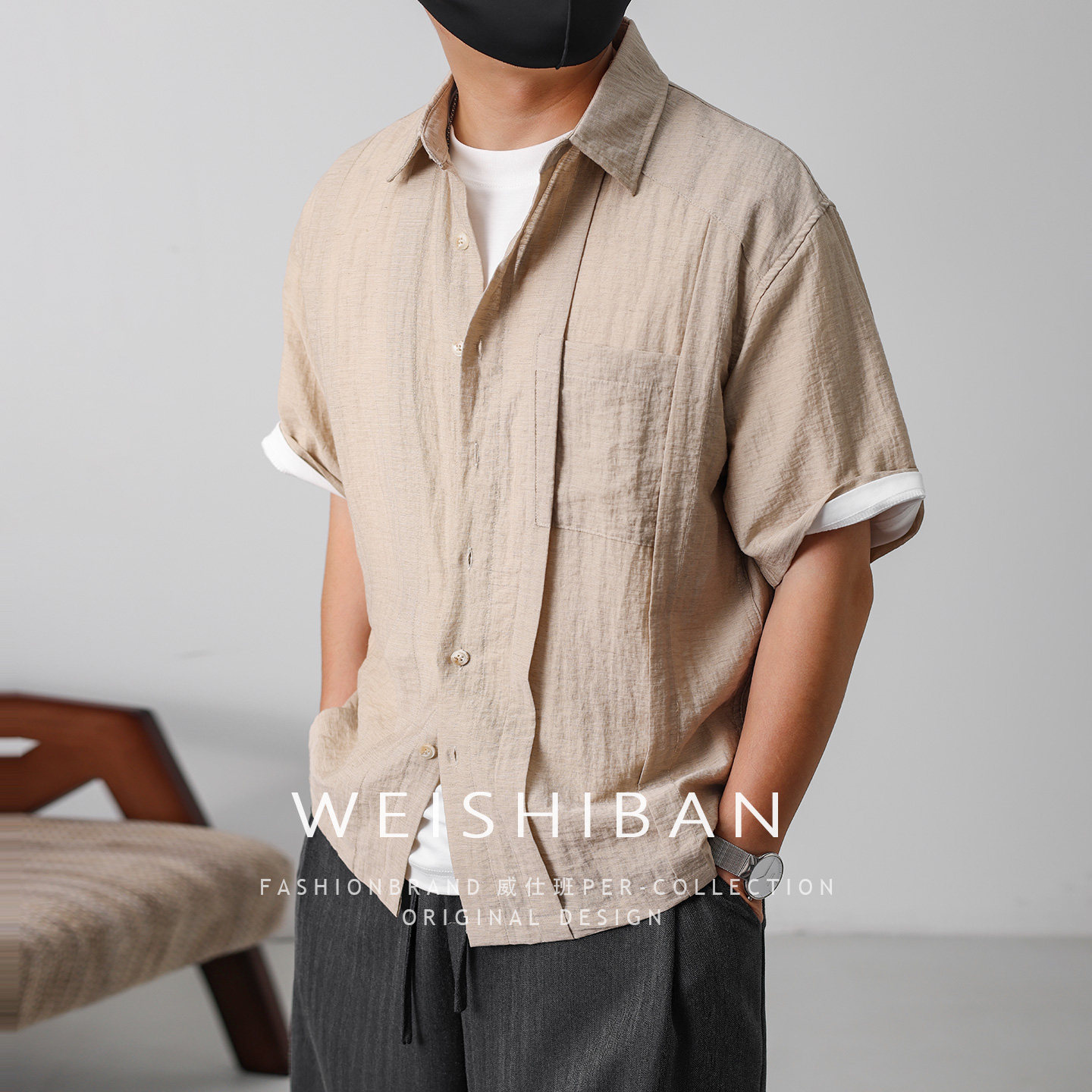 老钱风冰丝凉感亚麻混纺衬衫男士短袖夏季轻熟休闲设计感宽松衬衣