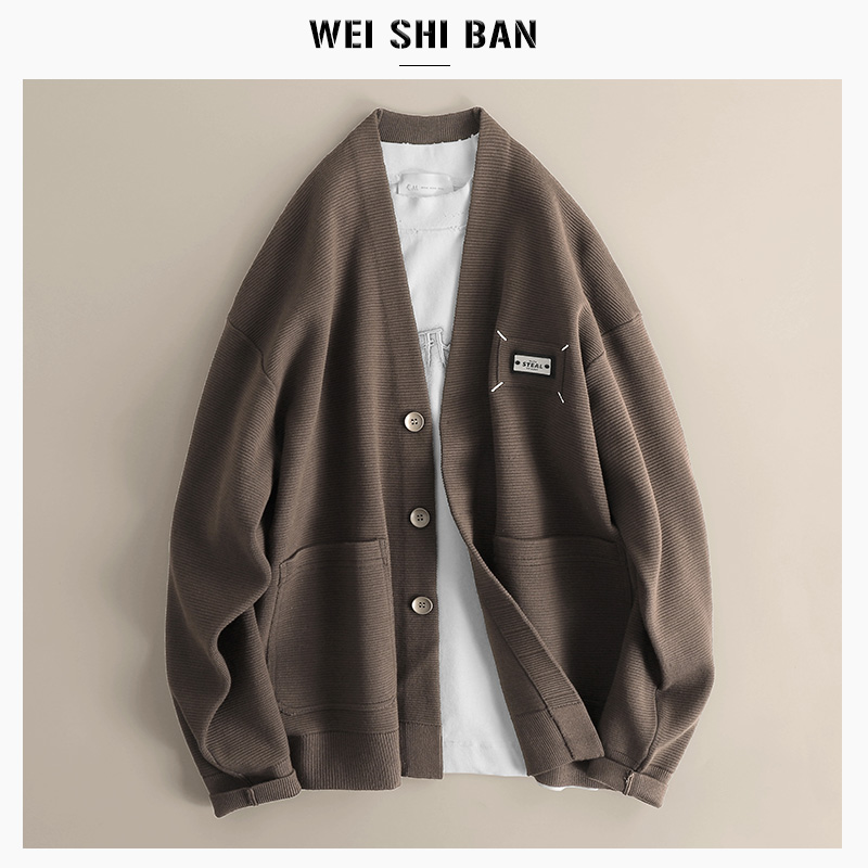 开衫针织V领胸标毛衣外套高级感
