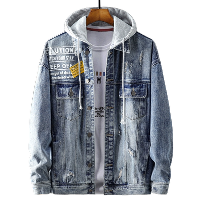 新品潮撞色印花外套连帽牛仔