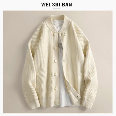 休闲针织棒球领纹理毛衣保暖纽扣