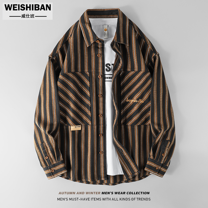 春秋条纹高级设计感长袖衬衫男长袖23年新款休闲编织花呢宽松外套