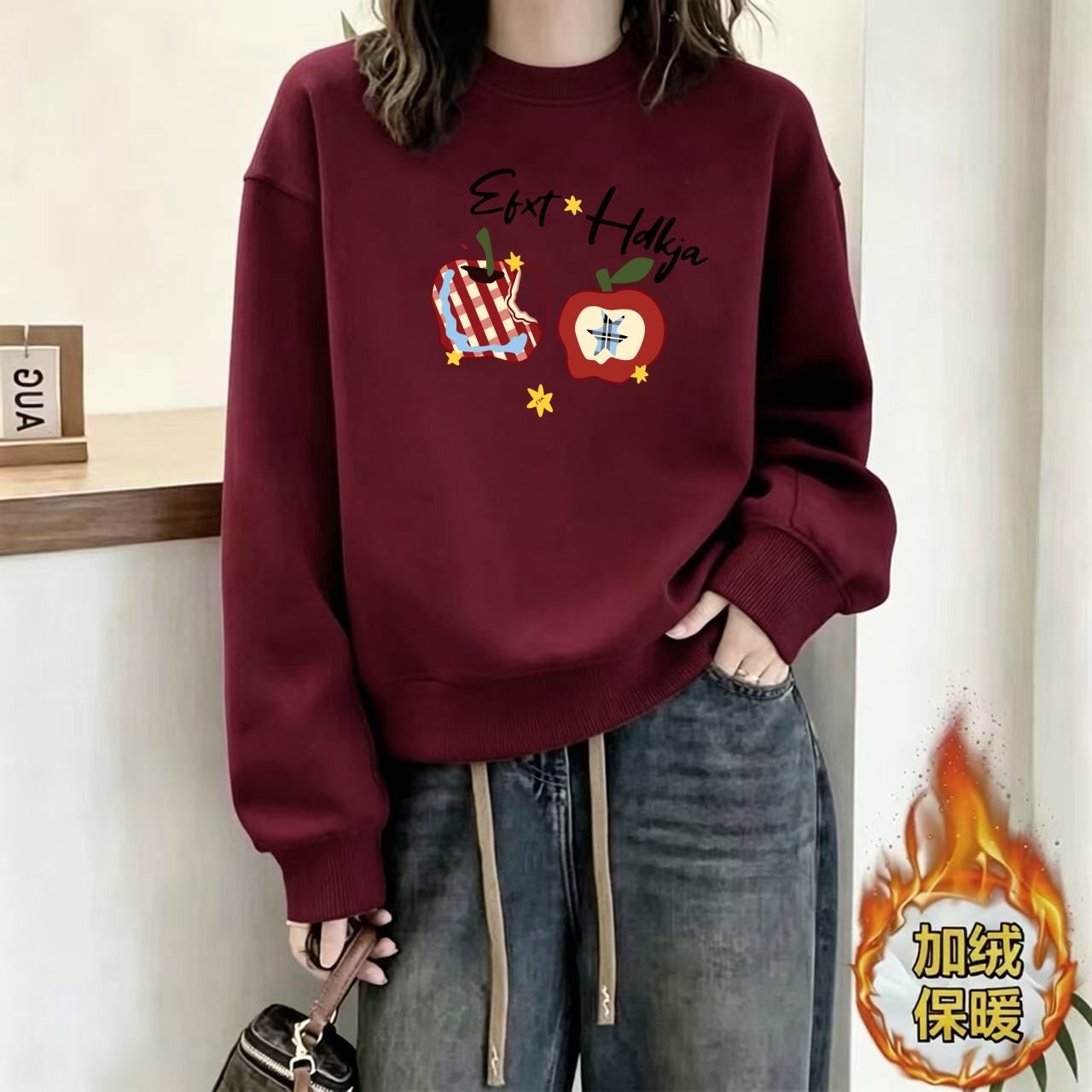 春秋圆领外套卫衣女小众设计感韩版宽松休闲洋气加绒加厚上衣冬季