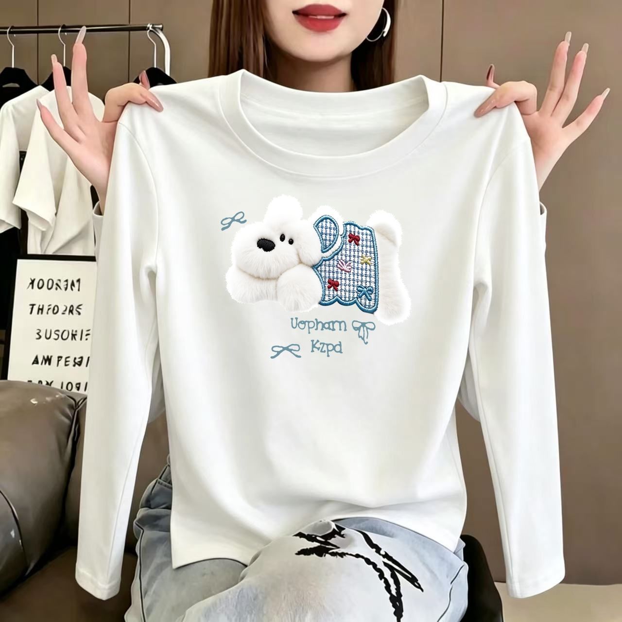 纯棉长袖T恤女宽松印花韩版