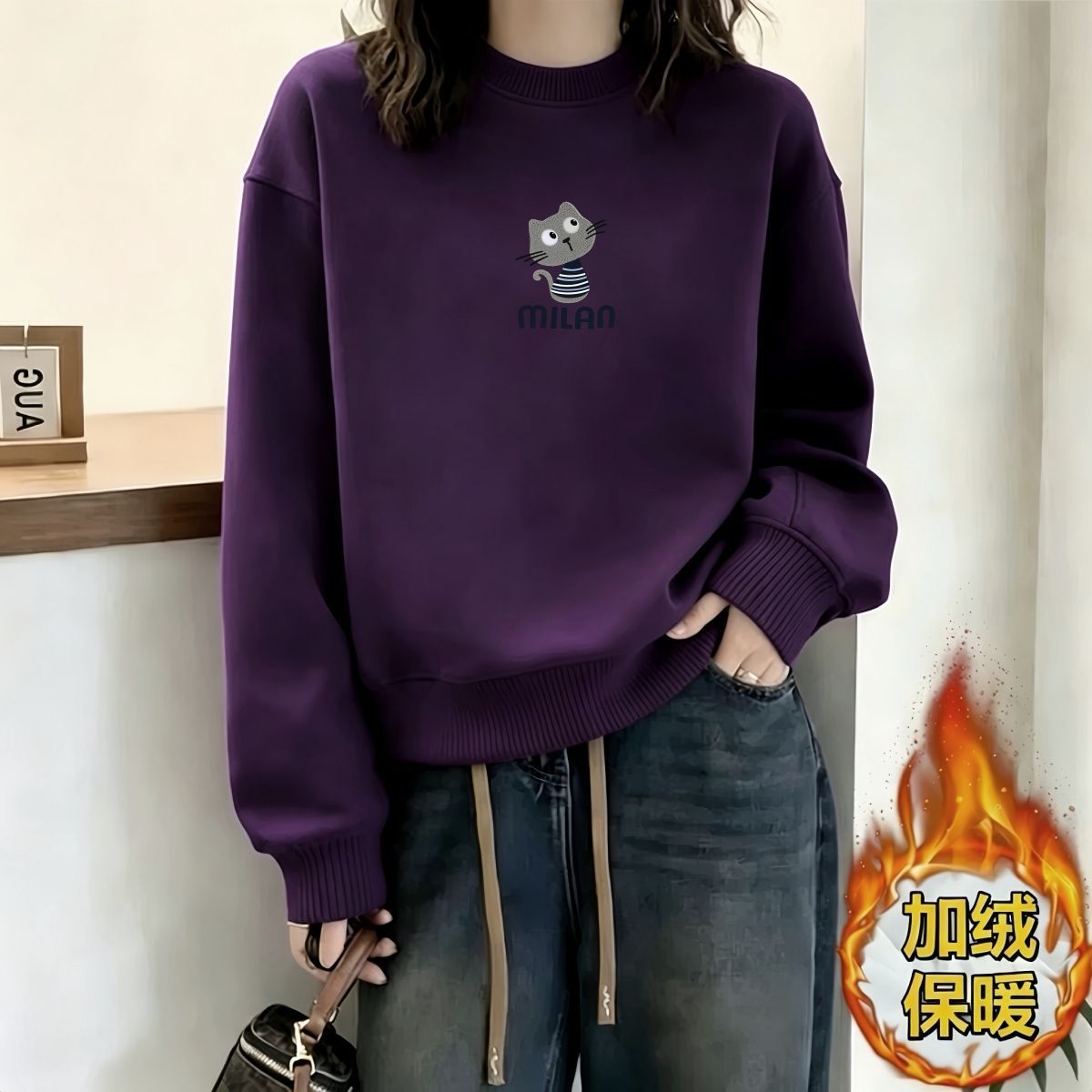 美式复古宽松加绒加厚卫衣女