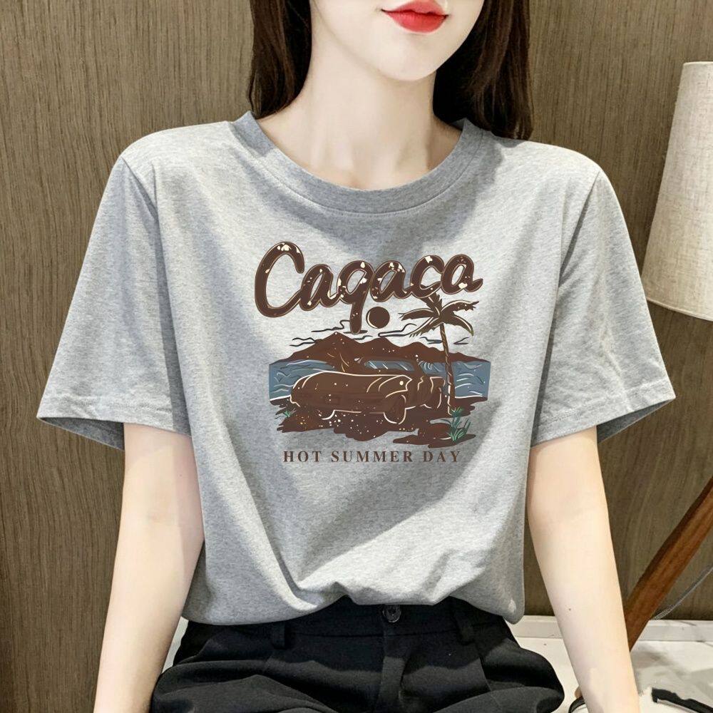 浅灰纯棉短袖T恤女宽松显瘦