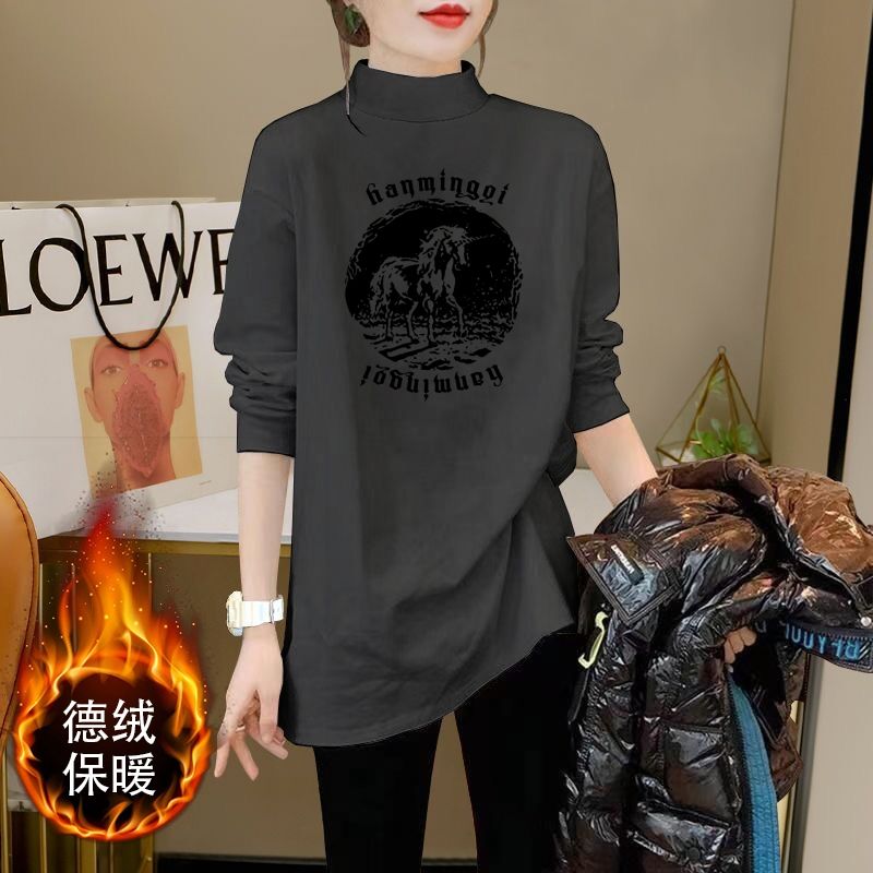 德绒长袖内搭打底衫女秋冬遮屁中长款磨毛t恤鲨鱼裤搭配上衣ins潮