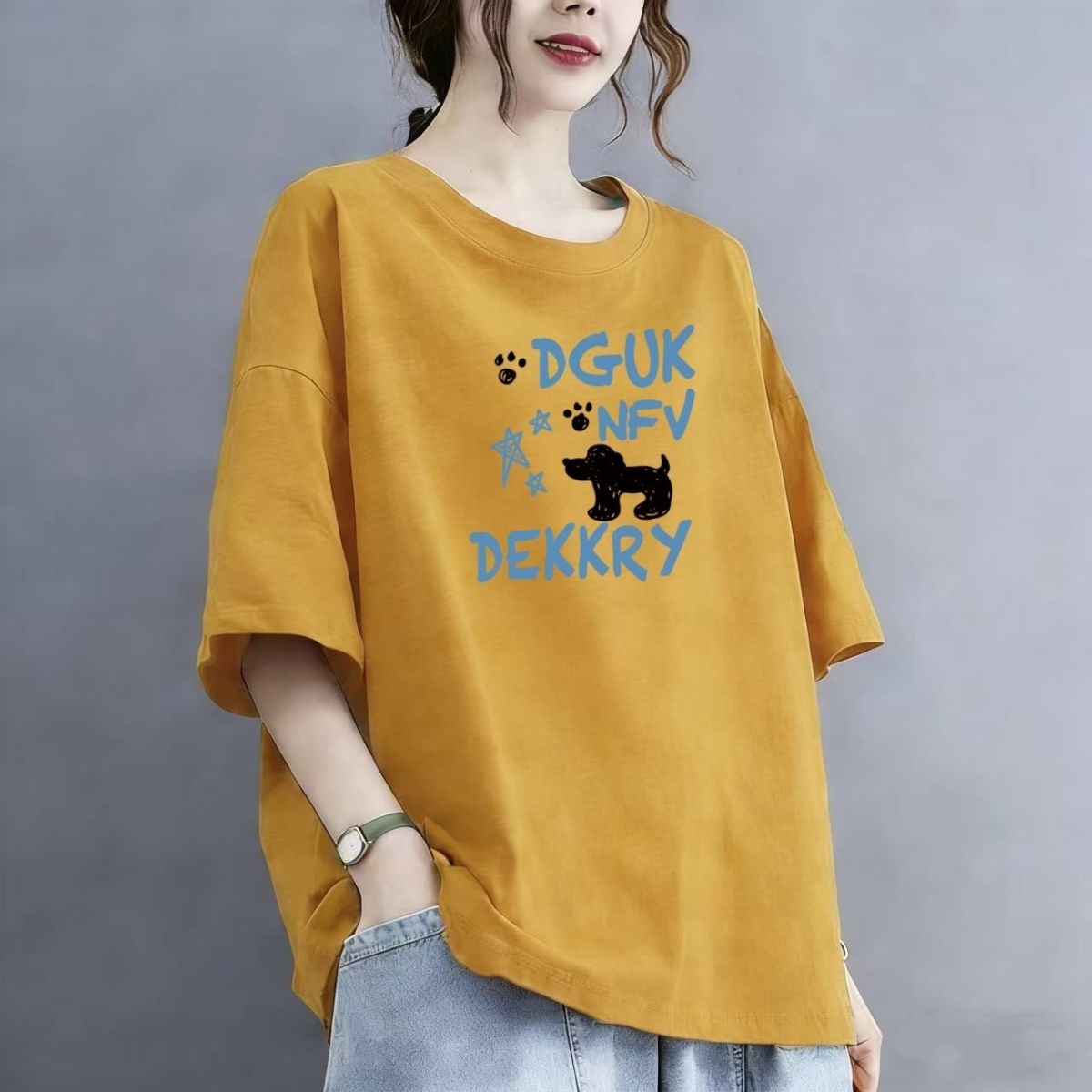 100%纯棉短袖t恤女夏季新款宽松显瘦美式复古圆领学生体恤上衣服