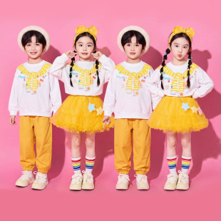 秋冬糖果风儿童演出服小学生啦啦操表演服装卡通卫衣黄色纱裙套装