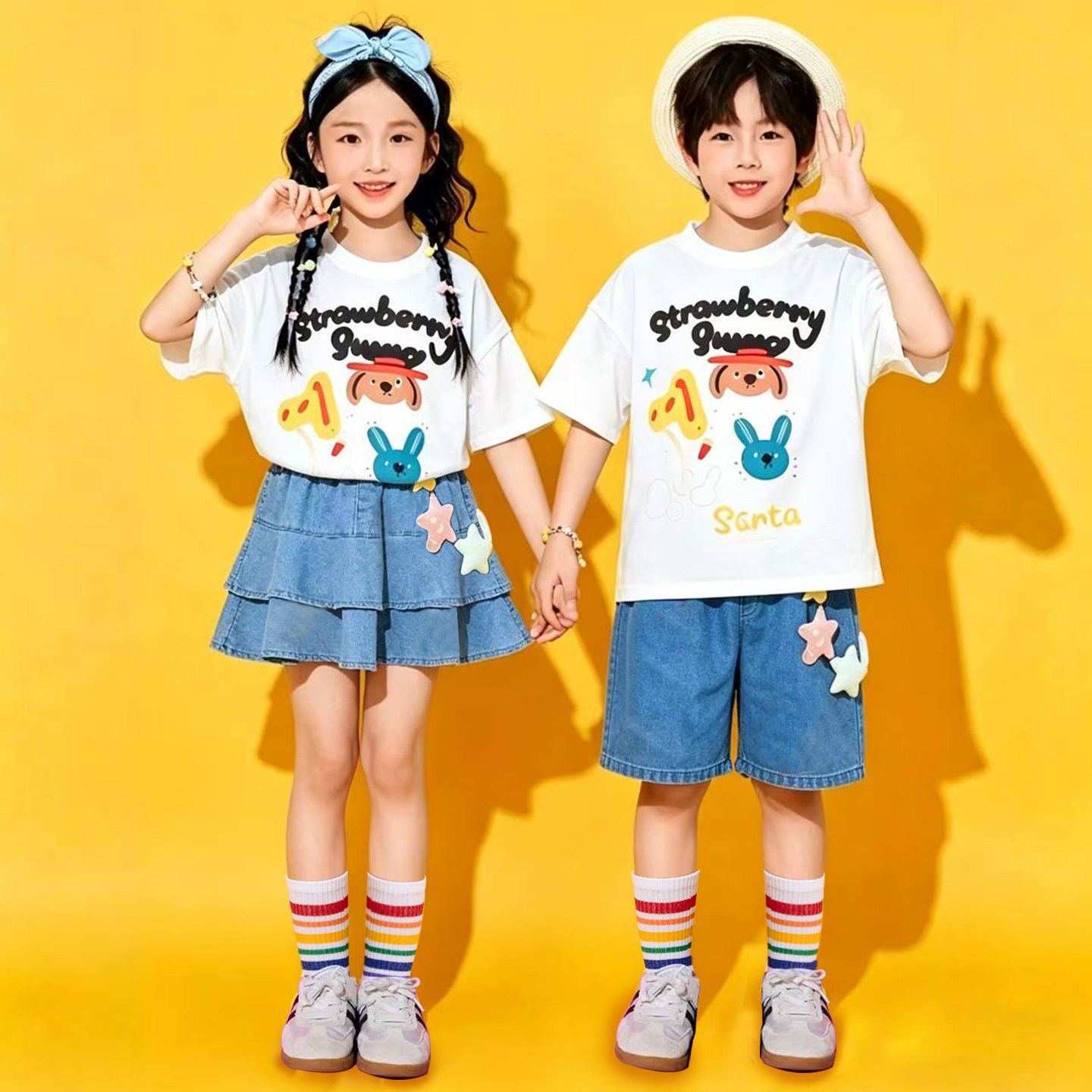 六一儿童啦啦队演出服小学生运动会班服卡通可爱短袖套装表演服