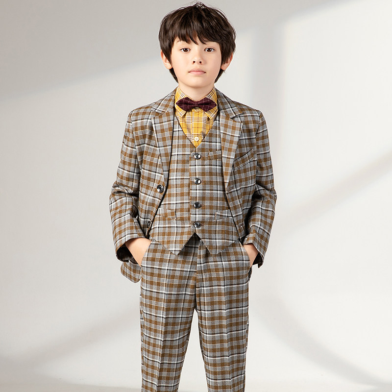 儿童西装英伦小西服套装学生格子钢琴演出服男童结婚花童礼服洋气