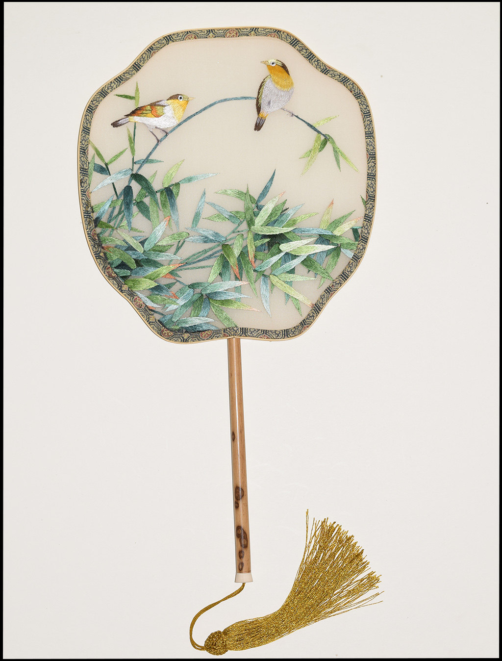 苏绣diy扇形团扇 竹柄宫扇套件初学 竹林双鸟 包邮 结婚礼物礼品