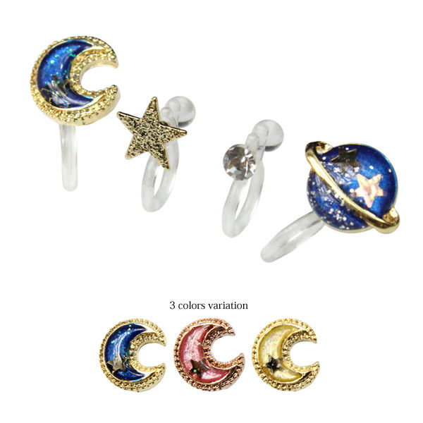 日系流行萌萌哒耳环太空星球月亮耳钉宇宙星星树脂耳夹无耳洞耳饰