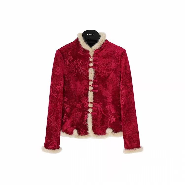 新中式红色立领加棉拼接长袖上衣