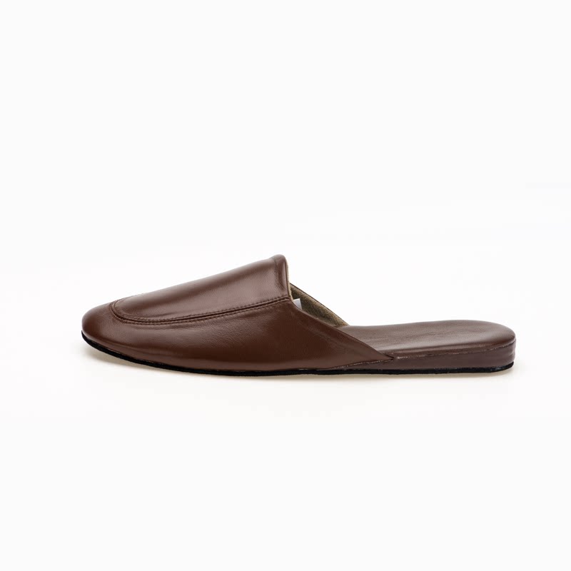 轻奢纯色春秋男款家用防滑静音小羊皮家居包头室内木地板真皮拖鞋