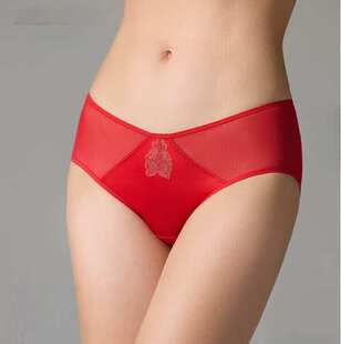 爱慕恬静之夜棉质底裆性感蕾丝中腰红色本命年结婚平角裤 AM239361