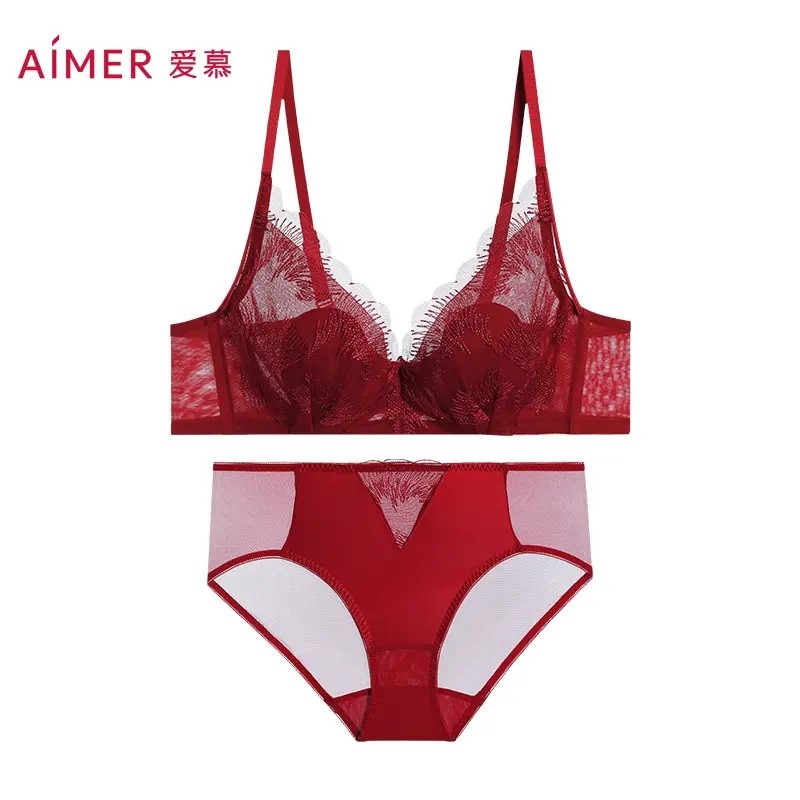 爱慕红色内衣内裤套装女大胸显小小胸聚拢喜庆结婚本命年文胸套装