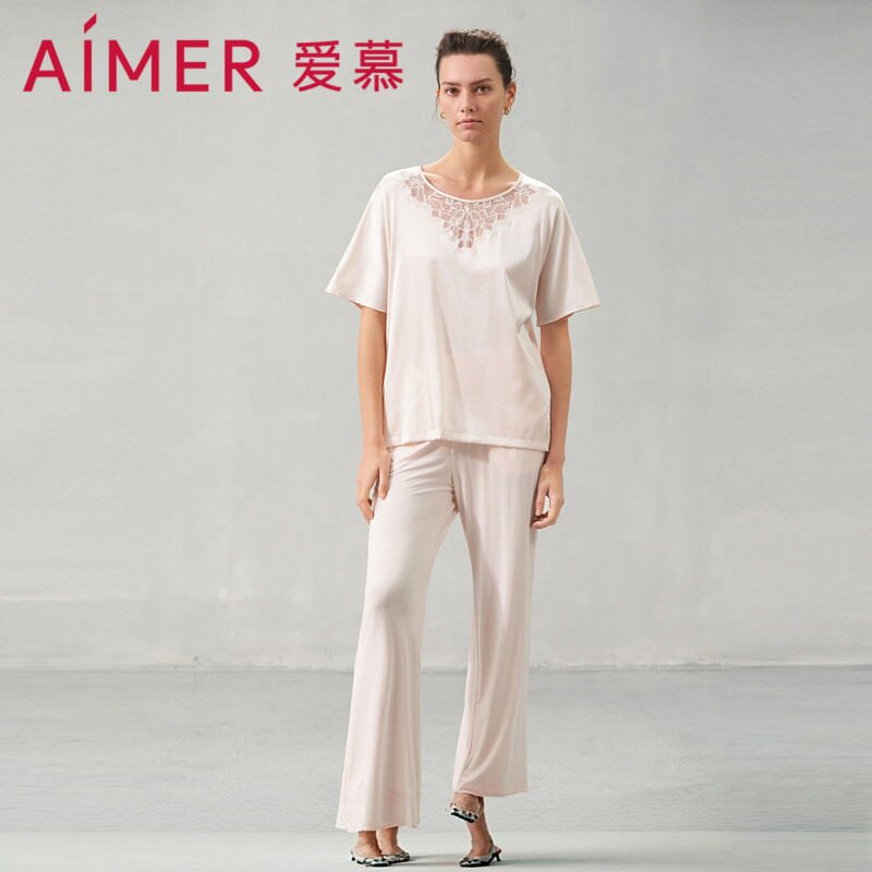 爱慕花之秘境睡衣女春夏含真丝短袖套头长裤套装家居服AM469541