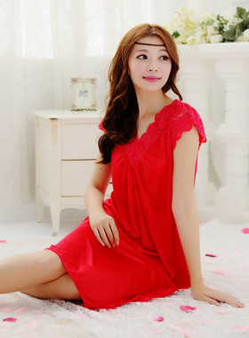 新款睡衣女夏季冰丝薄款宽松性感短袖蕾丝绣花红色睡裙网红家居服
