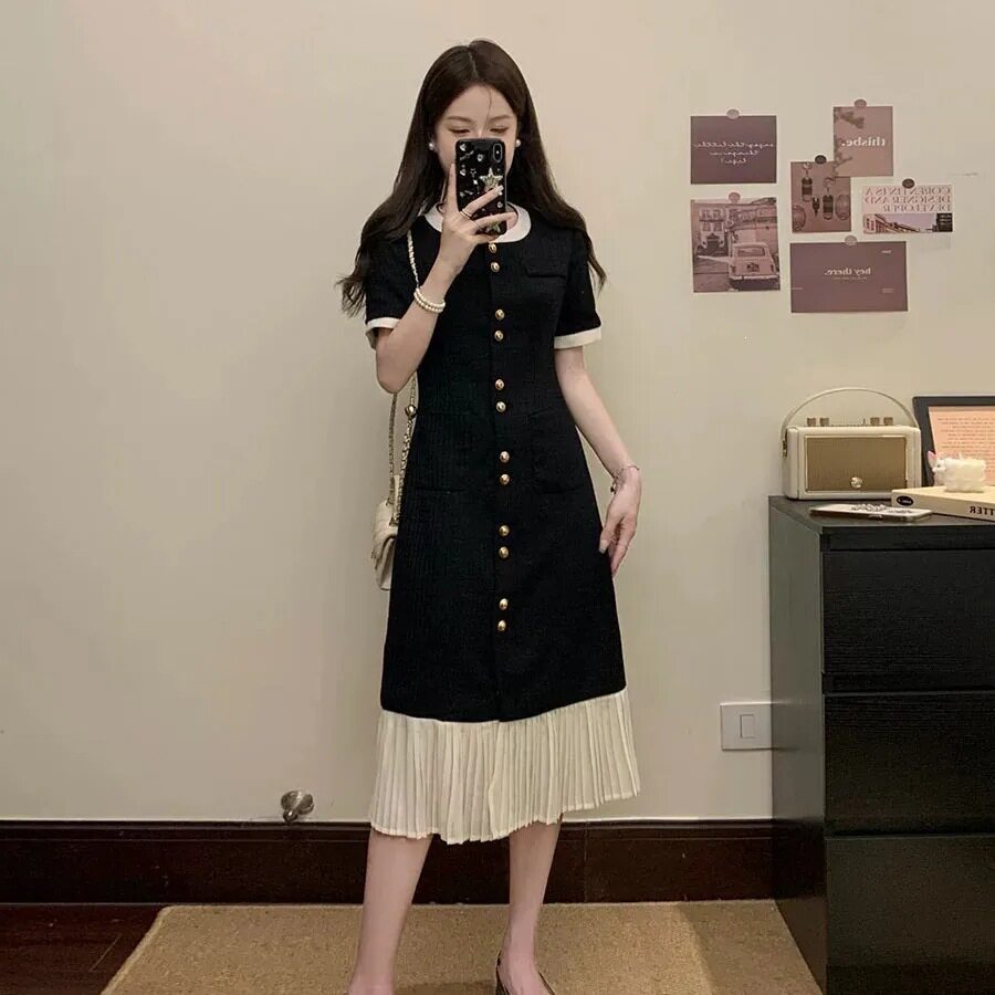 法式小香风撞色拼接连衣