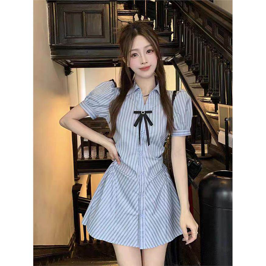 学院风条纹蓝色连衣裙女