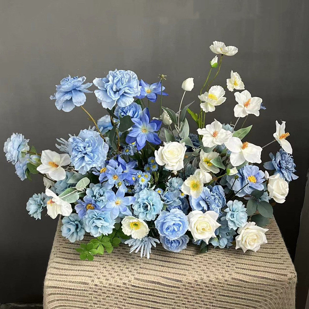 婚庆蓝色路引花排仿真花浅蓝色蓝白色婚礼堂路引花排假花插花花材