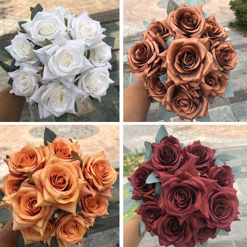 秋色香槟色婚庆仿真玫瑰花 9头秋色角玫婚庆花艺插花路引假花材