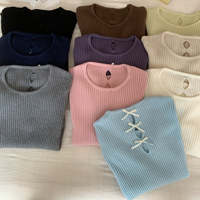 【蝴蝶结】韩版秋冬宽松显瘦针织衫女长袖洋气蝴蝶结打底上衣百搭