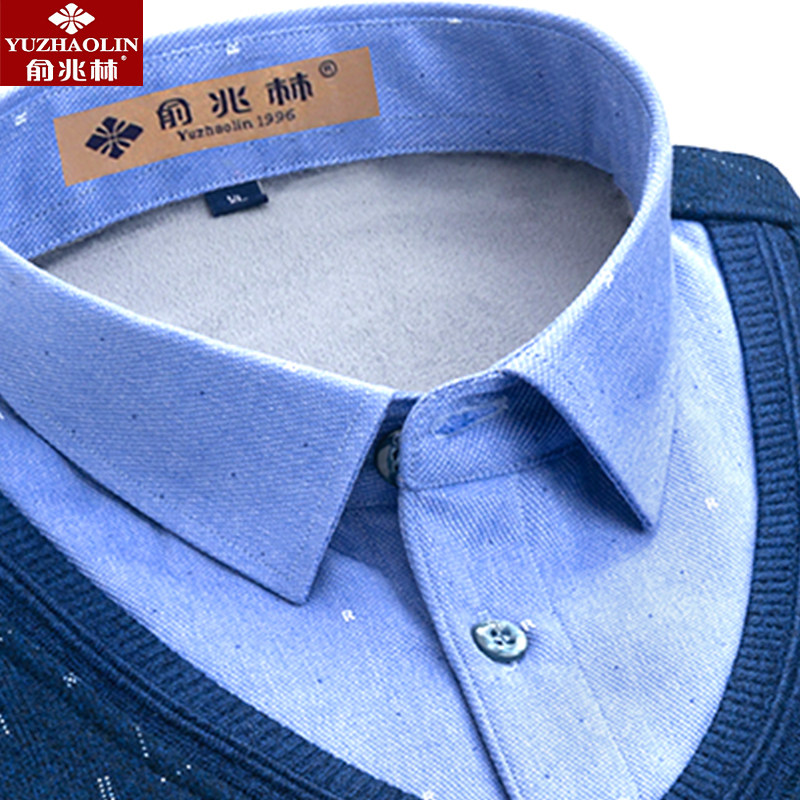 俞兆林假两件印花保暖衬衫男冬季加绒加厚中年爸爸装男士休闲衬衣