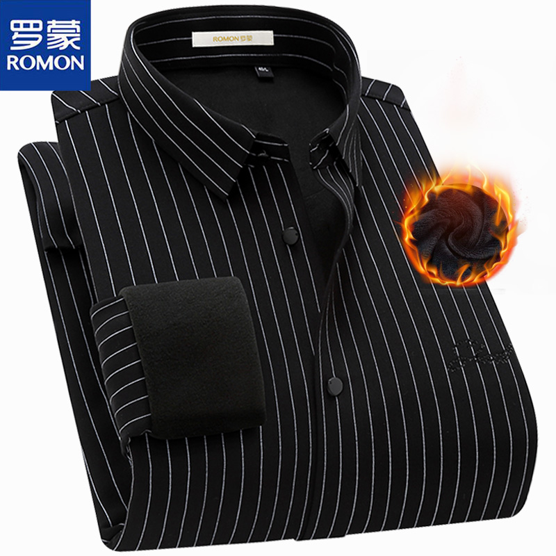 罗蒙加绒加厚保暖衬衫男长袖冬季商务黑色条纹工装青中年男士衬衣