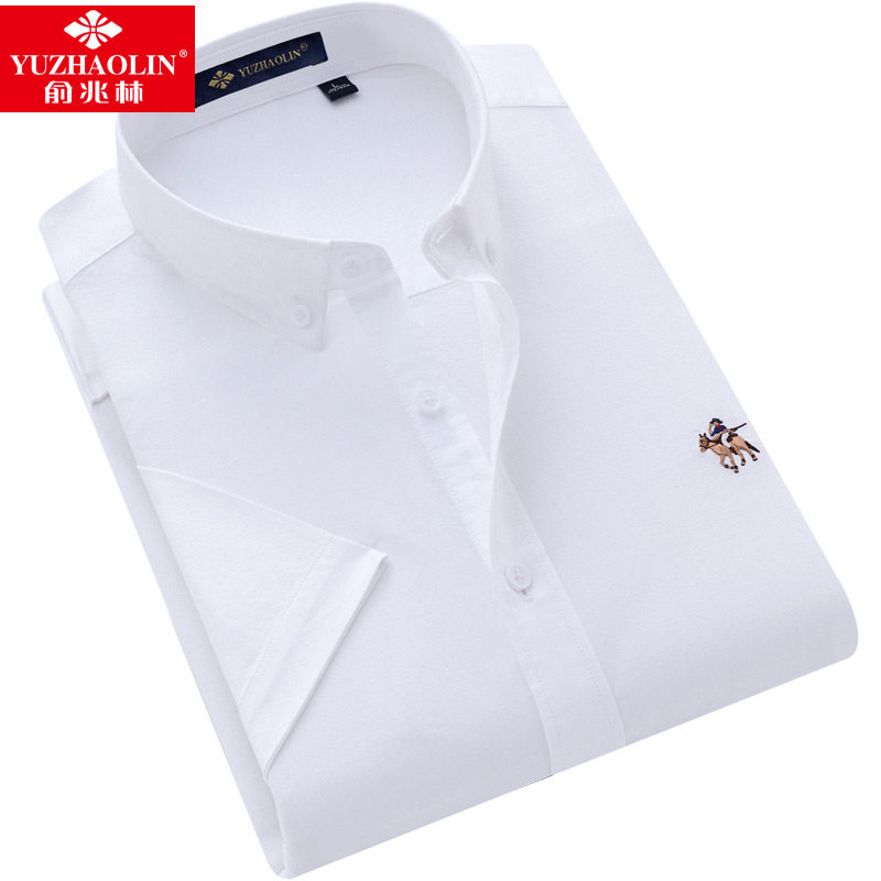 俞兆林纯棉短袖衬衫青中年夏季男士刺绣潮流休闲装白色牛津纺衬衣