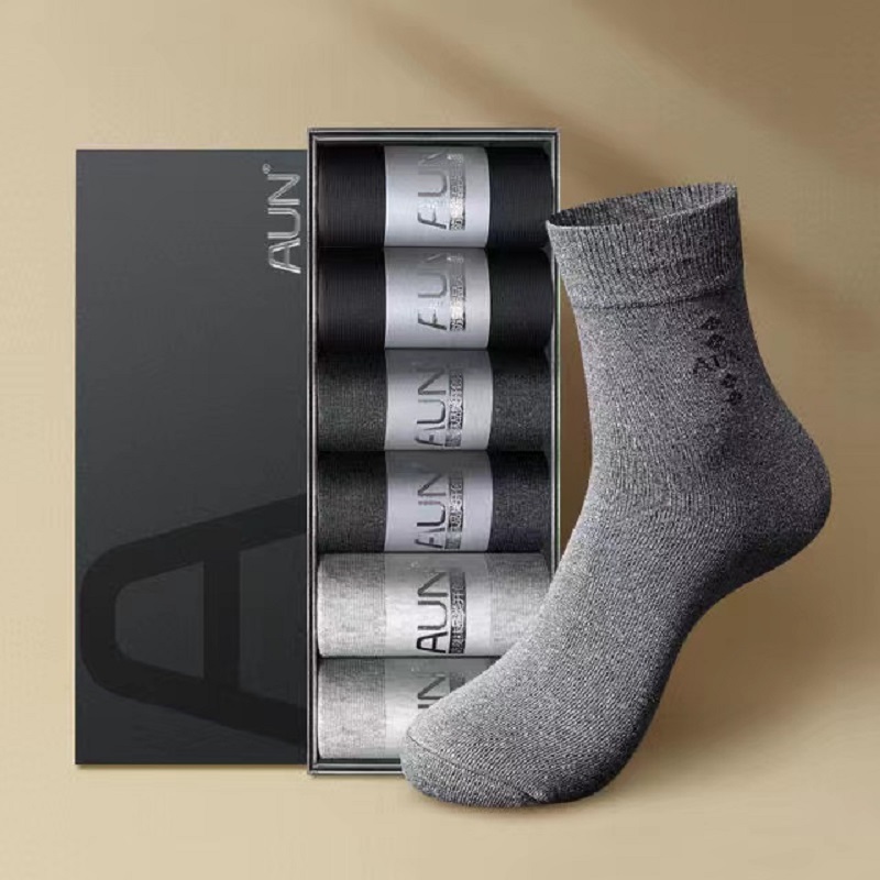 aun袜子男中筒新品纯棉防臭吸汗商务四季t001简约运动混色6双盒装