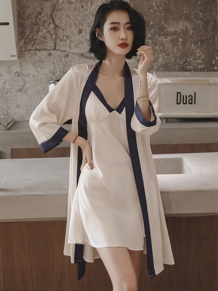 春秋季真丝睡衣女两件套简约拼色薄款家居服性感吊带胸垫睡裙睡袍
