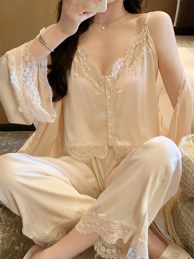 真丝睡衣女吊带长裤三件套性感