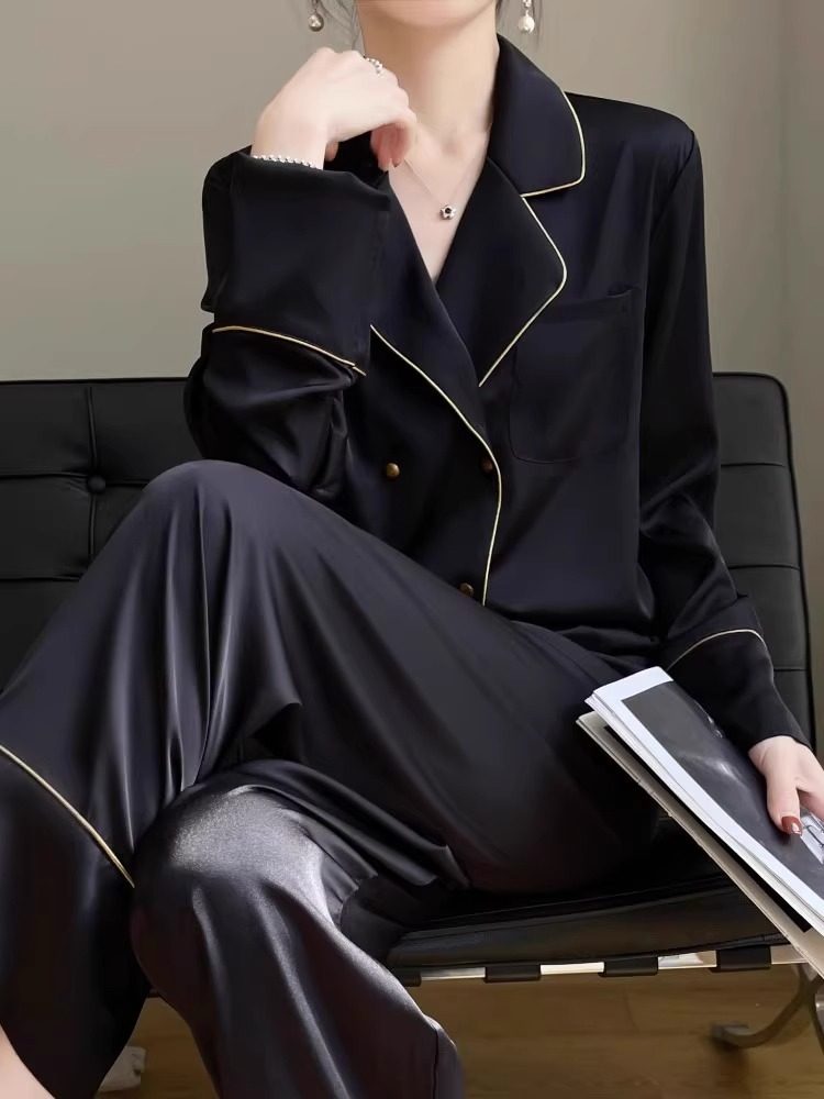 真丝睡衣女春秋薄款翻领开衫桑蚕丝女士双排扣高档黑色长袖套装