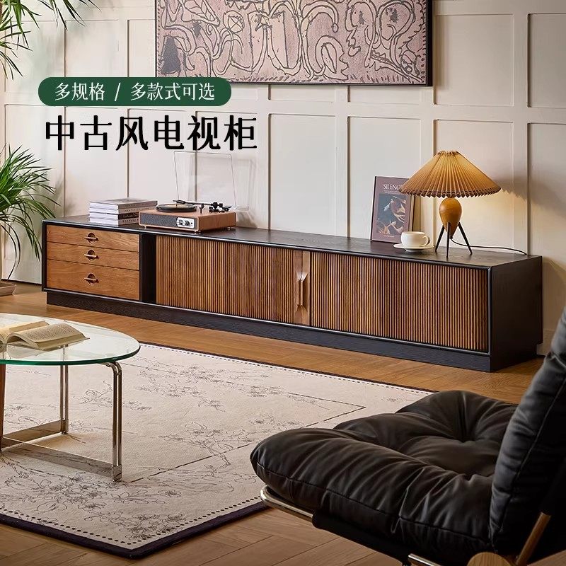 木居盛法式中古风黑色电视柜复古实木小户型家用储物柜斗柜视听柜