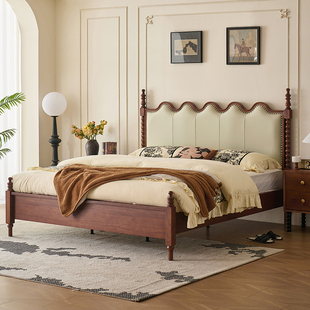 木居盛法式复古双人实木软包床中古主卧涟漪大床美式真皮1米8床