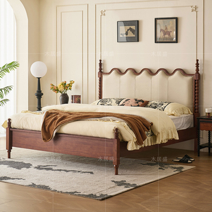 美式中古风全实木床主卧大床1米8法式复古双人床布艺高级感公主床