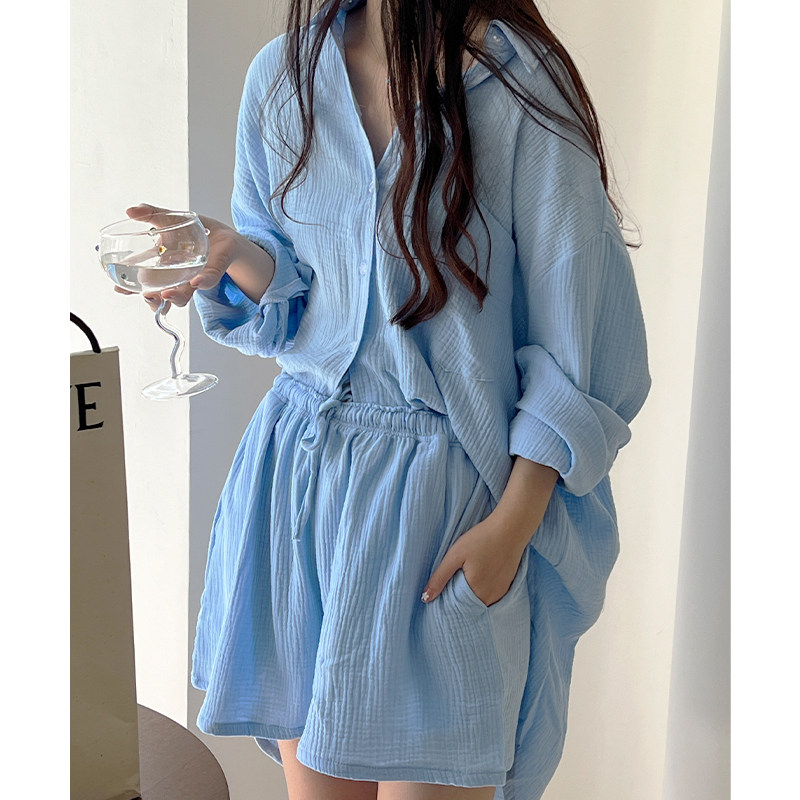 女夏双层纱纯棉甜酷多巴胺女士休闲可外穿家居服套装宽松大码睡袍