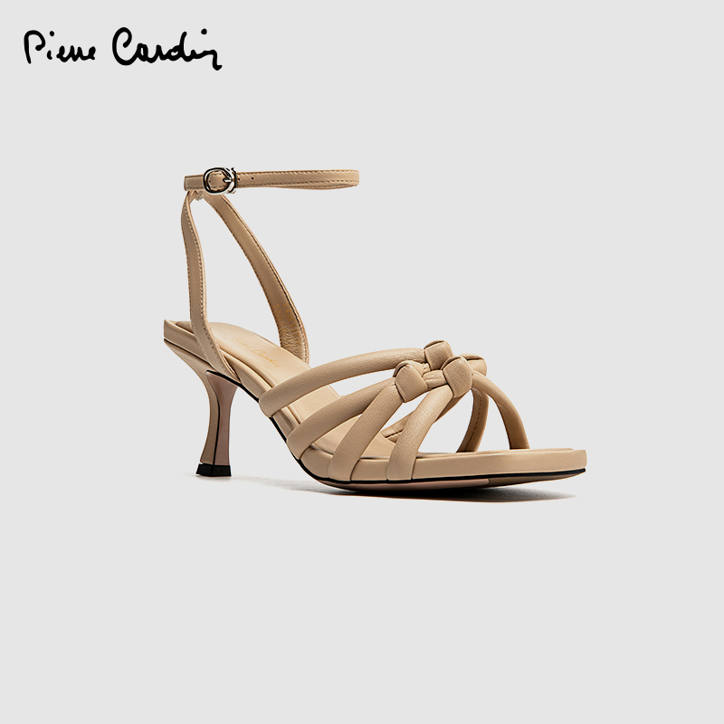 皮尔卡丹绵羊皮柔软编织高跟凉鞋