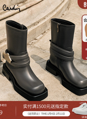 Pierre Cardin/皮尔卡丹女鞋真皮女靴金属扣带骑士靴加绒保暖短靴