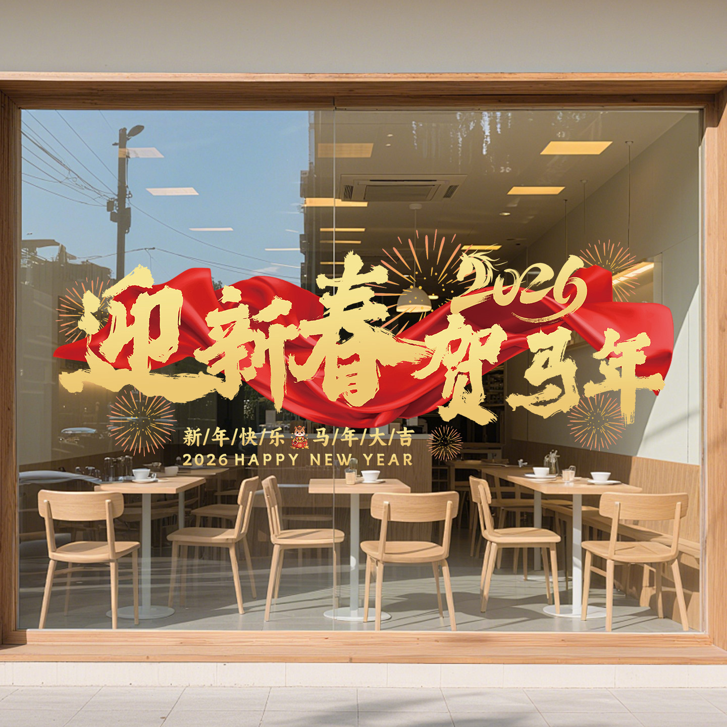 迎新春贺马年橱窗装饰玻璃贴纸高级感店铺过年氛围布置新年静电贴