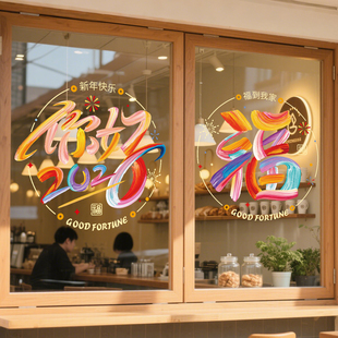 你好2025福字窗花玻璃贴纸马年过年商场酒店橱窗装饰新年静电门贴