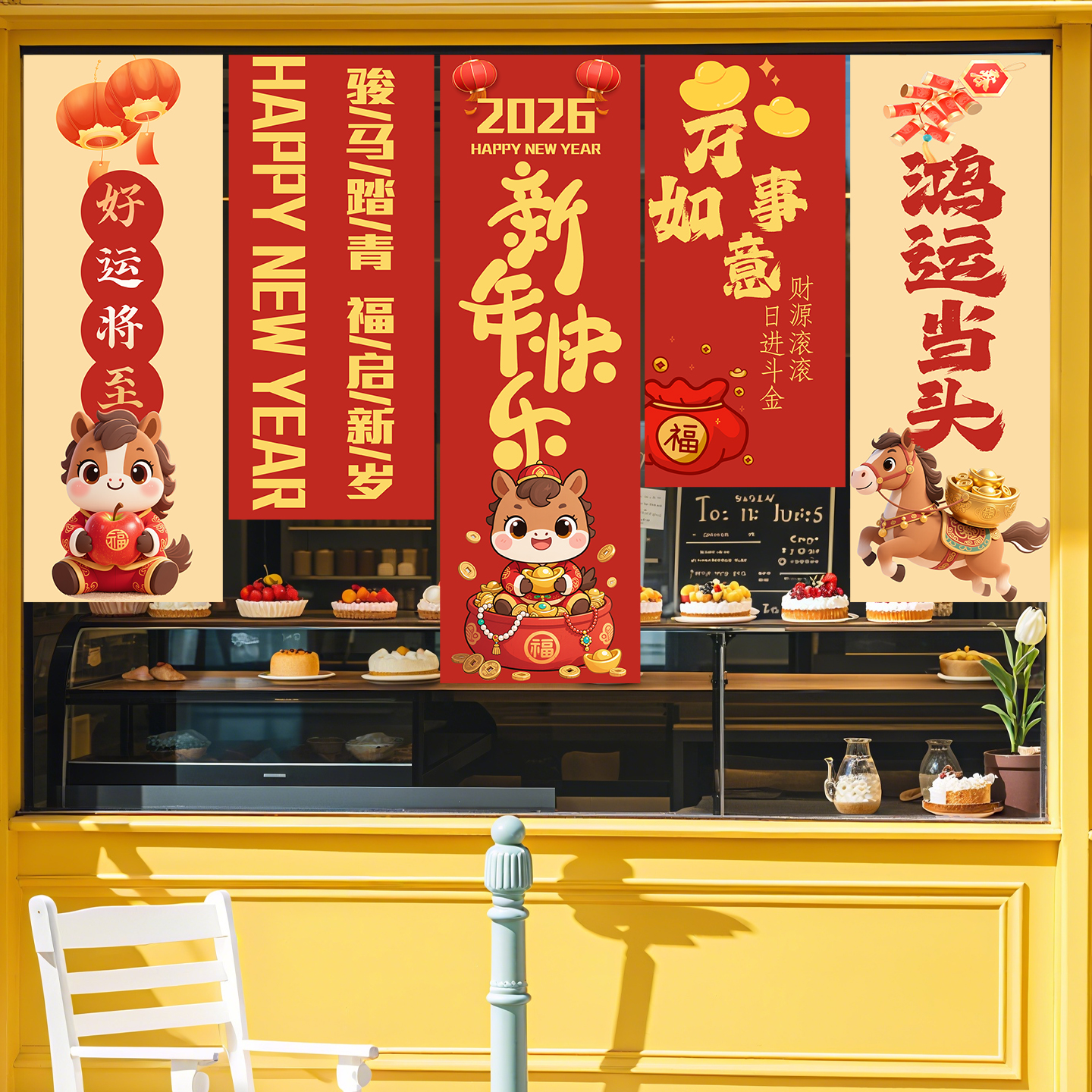 马年橱窗装饰玻璃贴纸海报春节氛围场景布置2026贺年装扮新年窗贴