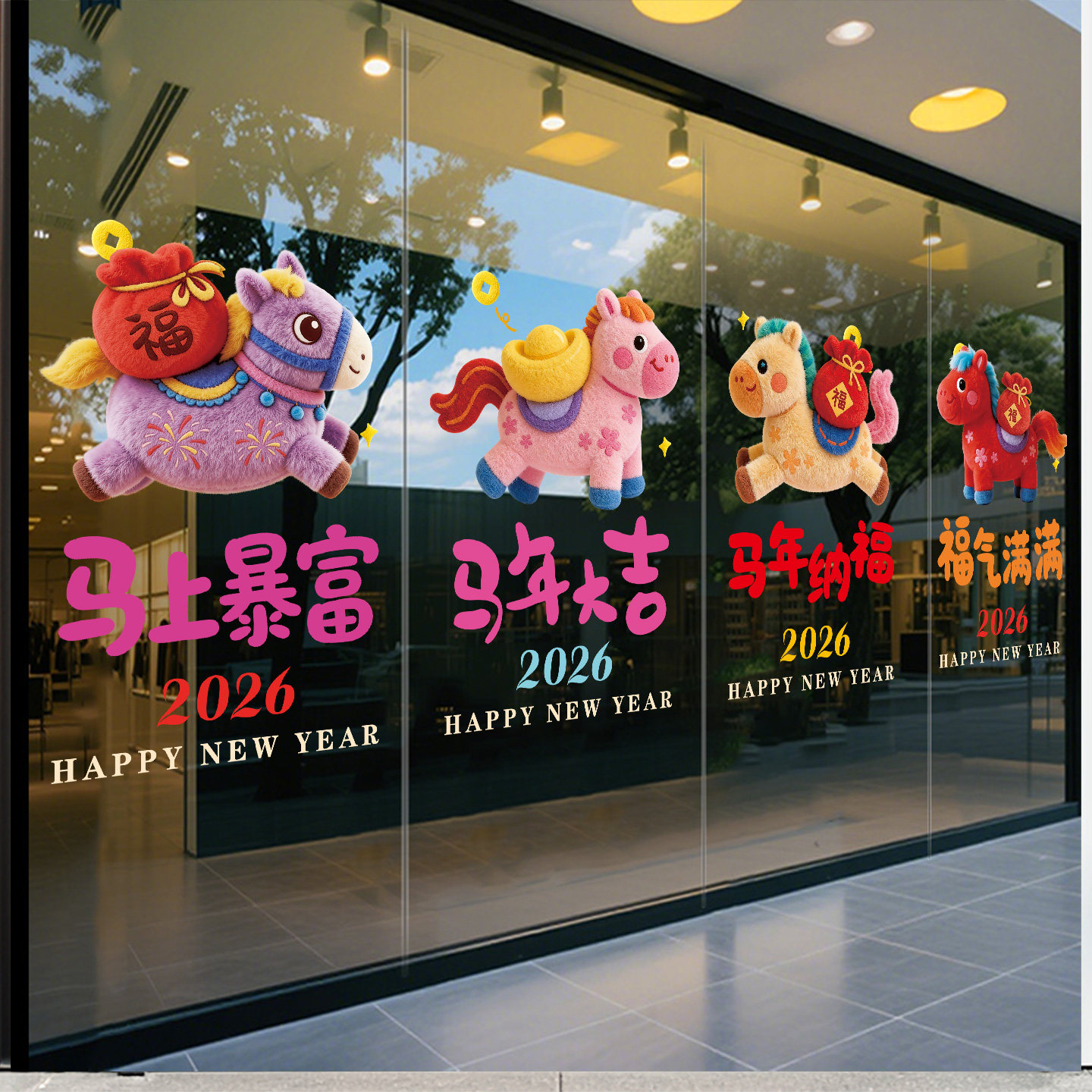 马年门贴过年氛围布置橱窗装饰玻璃贴纸2026贺年静电贴画新年窗花,家居饰品,门贴,淘宝优惠券,粉丝福利购,淘宝优惠卷