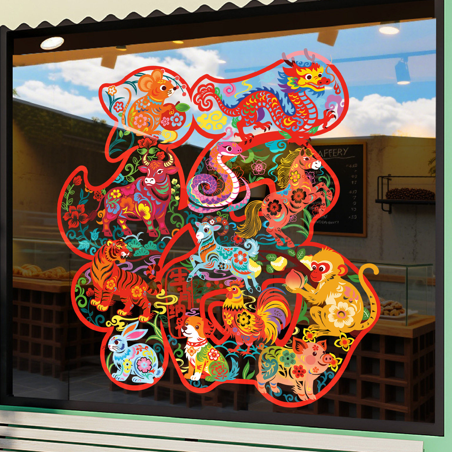 马年窗花十二生肖福字门贴