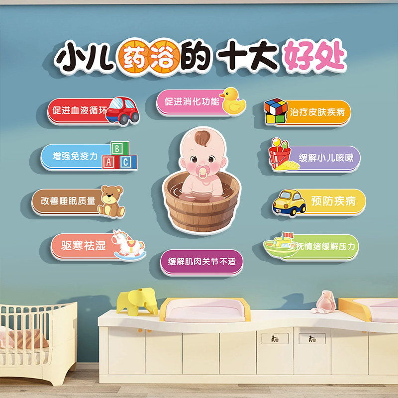 小儿药浴文化墙贴广告宣传海报母婴室墙面装饰挂画月子中心形象墙