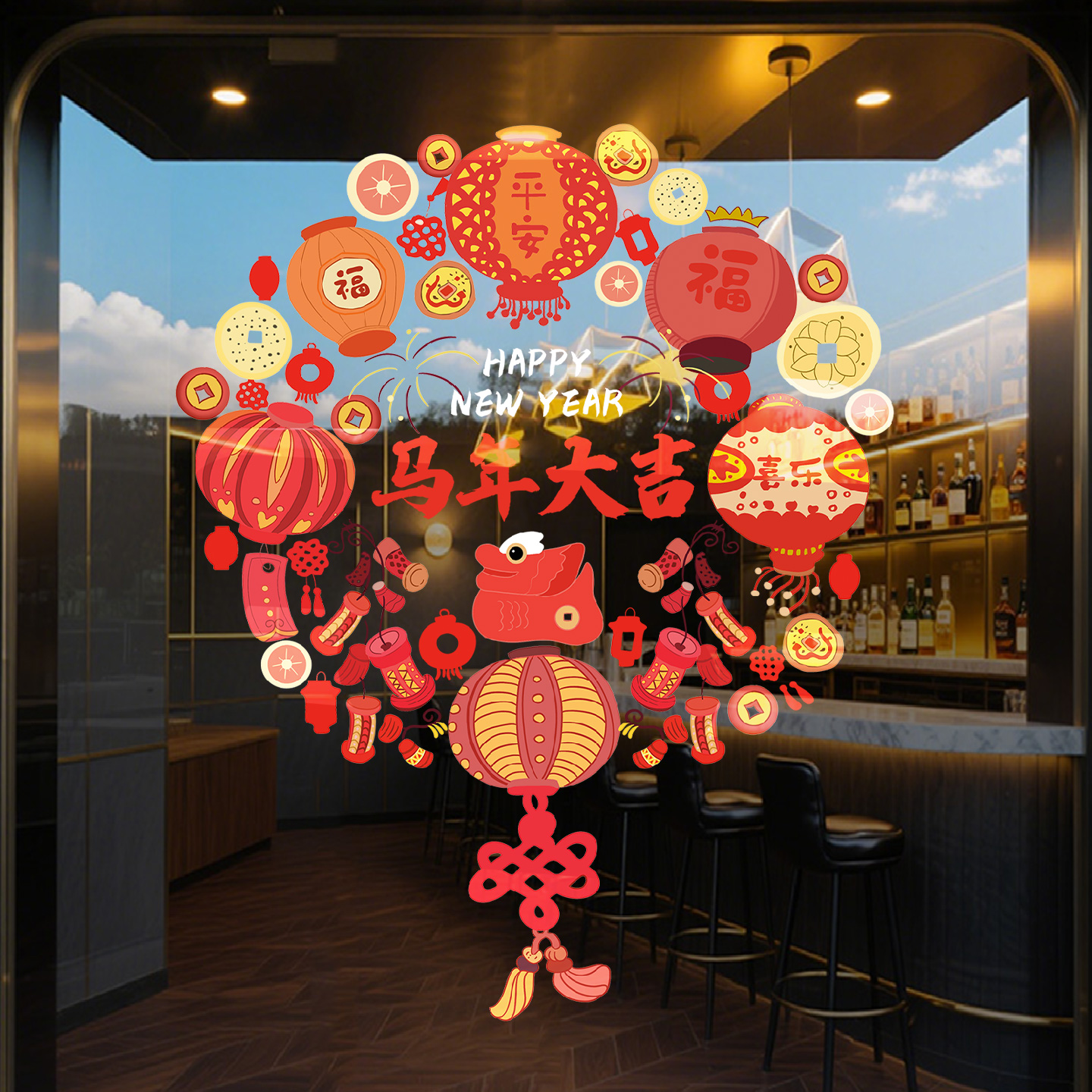 新年玻璃门贴纸窗花静电贴