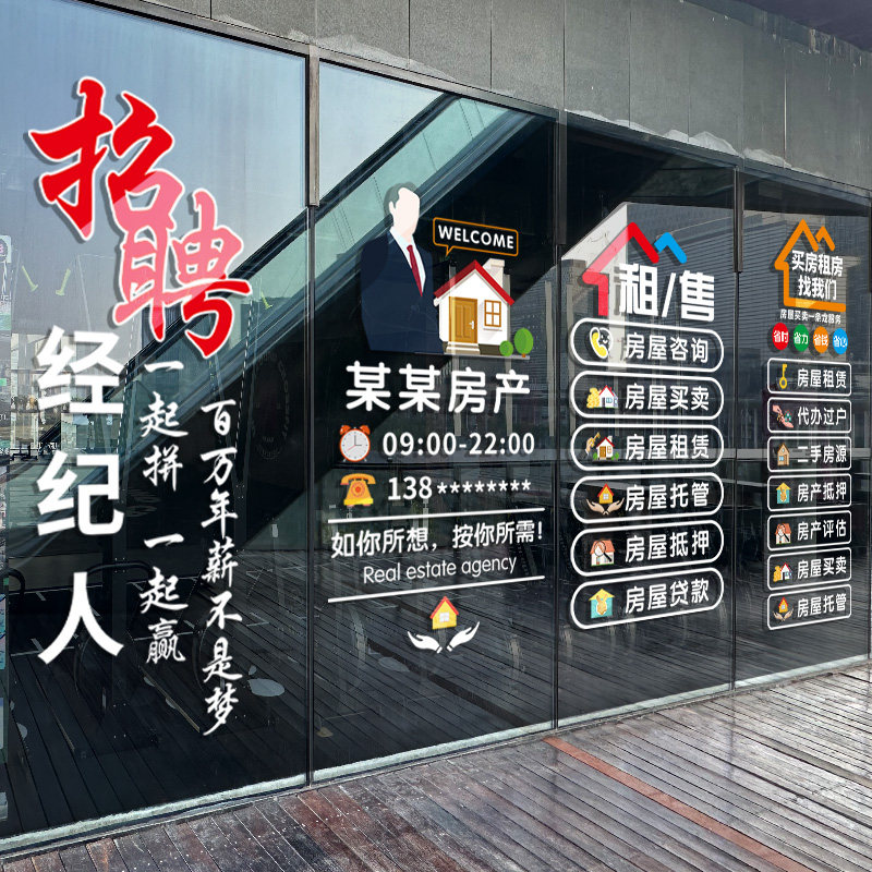 房产中介广告贴纸房屋买卖租赁托管广告玻璃门静电贴无胶喷水贴画
