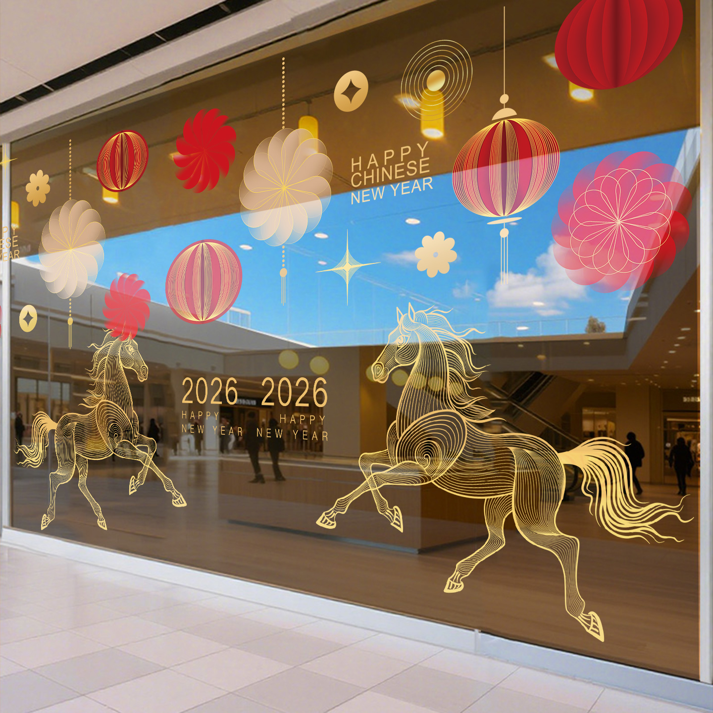 2026马年装饰玻璃贴纸商场酒店售楼部橱窗静电贴新年窗贴装扮春节