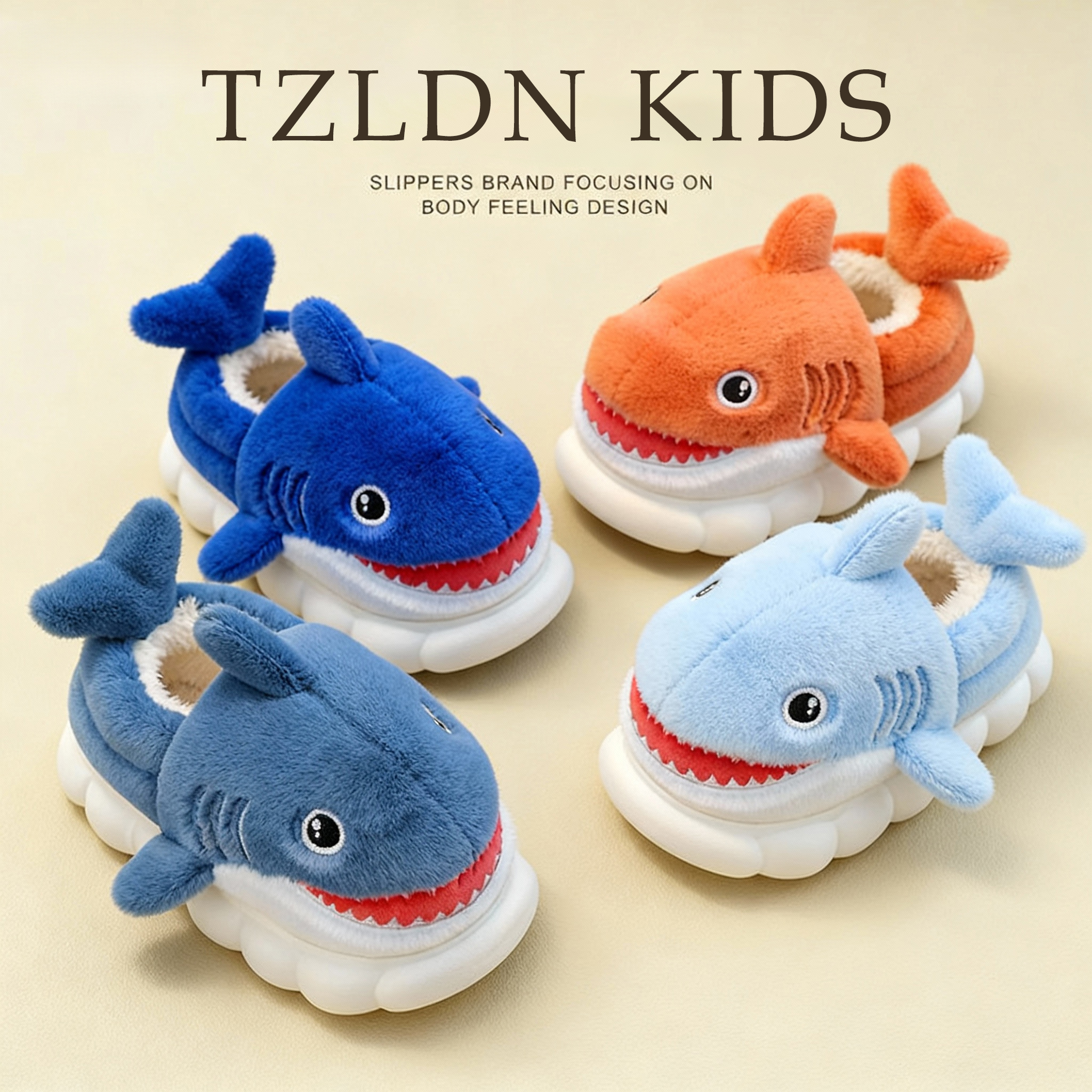鲨鱼儿童棉拖鞋包跟男童室内居家棉鞋男孩加绒保暖男宝宝毛拖鞋冬